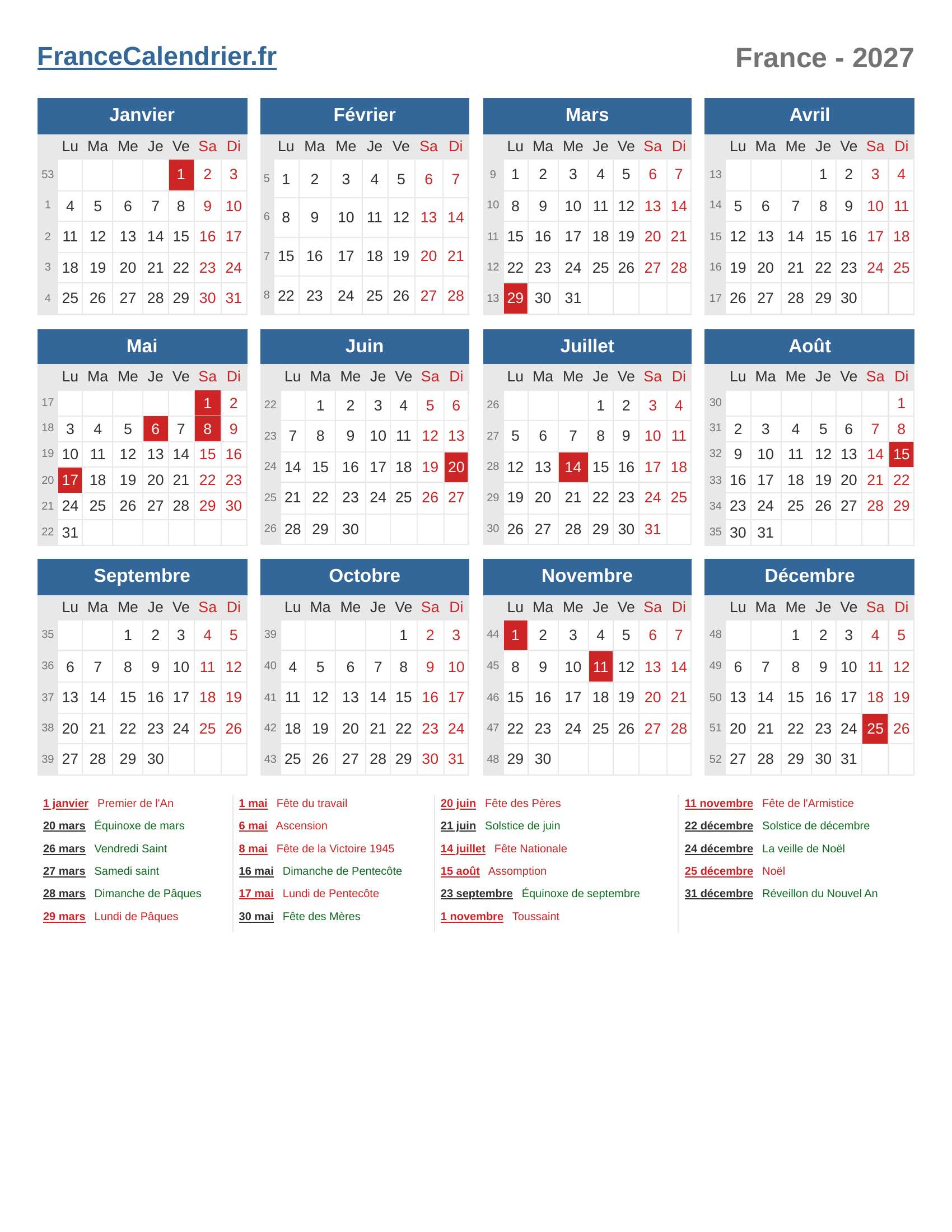 Calendrier 2027 France Jours F ri s Et Num ros De Semaine