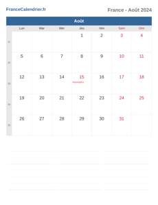Calendrier 2024 Août