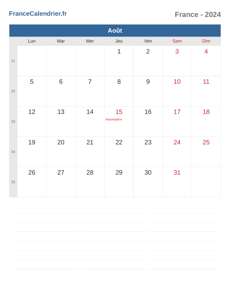 Calendrier 2024 Août