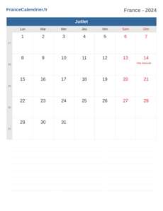 Calendrier 2024 Juillet