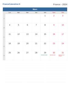 Calendrier 2024 Mars