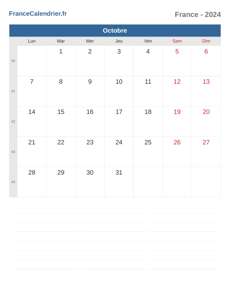 Calendrier 2024 Octobre