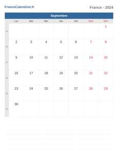 Calendrier 2024 Septembre