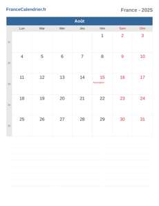 Calendrier 2025 Août