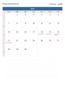 Calendrier 2025 Avril