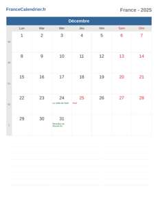 Calendrier 2025 Décembre