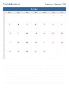 Calendrier 2025 Février