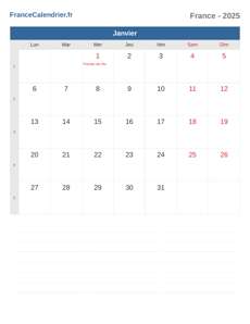 Calendrier 2025 Janvier