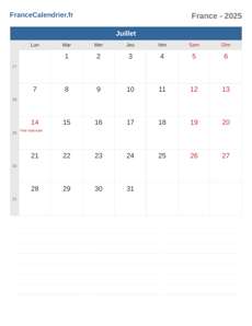 Calendrier 2025 Juillet