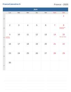Calendrier 2025 Juin