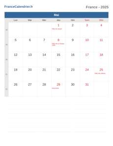 Calendrier 2025 Mai