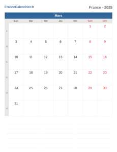 Calendrier 2025 Mars