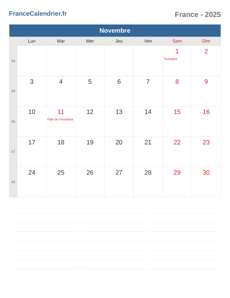 Calendrier 2025 Novembre