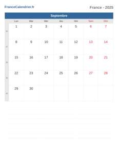 Calendrier 2025 Septembre