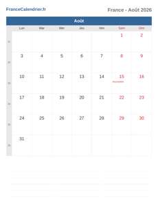 Calendrier 2026 Août