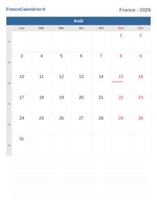 Calendrier 2026 Août