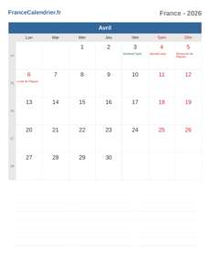 Calendrier 2026 Avril