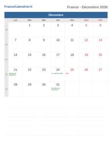 Calendrier 2026 Décembre