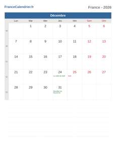 Calendrier 2026 Décembre