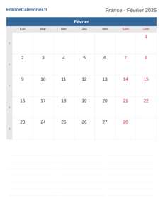 Calendrier 2026 Février