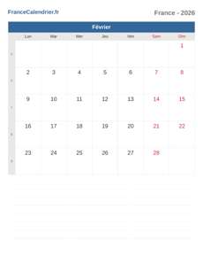 Calendrier 2026 Février