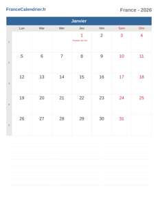 Calendrier 2026 Janvier