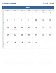 Calendrier 2026 Juillet