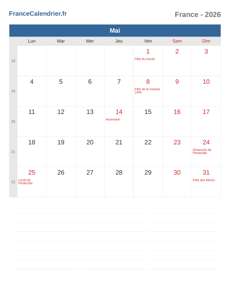 Calendrier 2026 Mai
