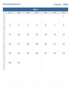 Calendrier 2026 Mars