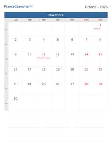 Calendrier 2026 Novembre