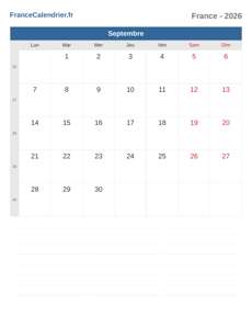Calendrier 2026 Septembre