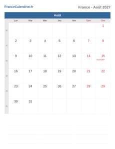 Calendrier 2027 Août