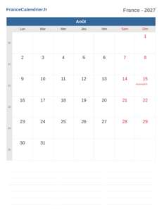 Calendrier 2027 Août