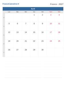 Calendrier 2027 Avril