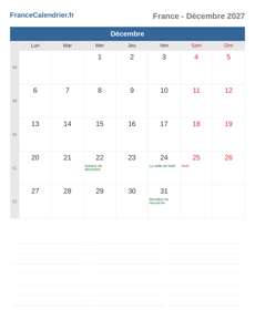 Calendrier 2027 Décembre
