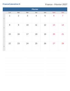Calendrier 2027 Février