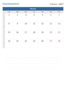 Calendrier 2027 Février
