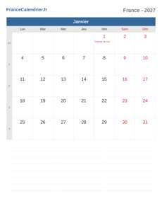 Calendrier 2027 Janvier