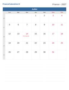 Calendrier 2027 Juillet