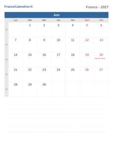 Calendrier 2027 Juin