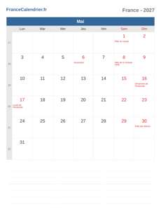 Calendrier 2027 Mai