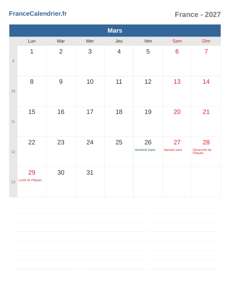 Calendrier 2027 Mars