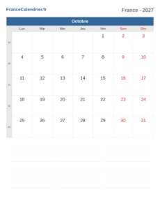 Calendrier 2027 Octobre