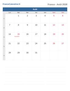 Calendrier 2028 Août