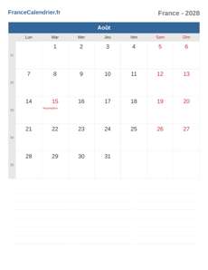 Calendrier 2028 Août