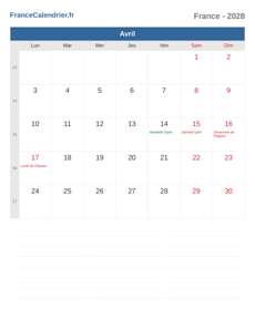 Calendrier 2028 Avril