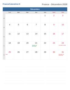 Calendrier 2028 Décembre