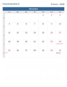 Calendrier 2028 Décembre