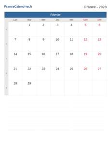Calendrier 2028 Février