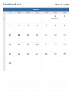 Calendrier 2028 Janvier